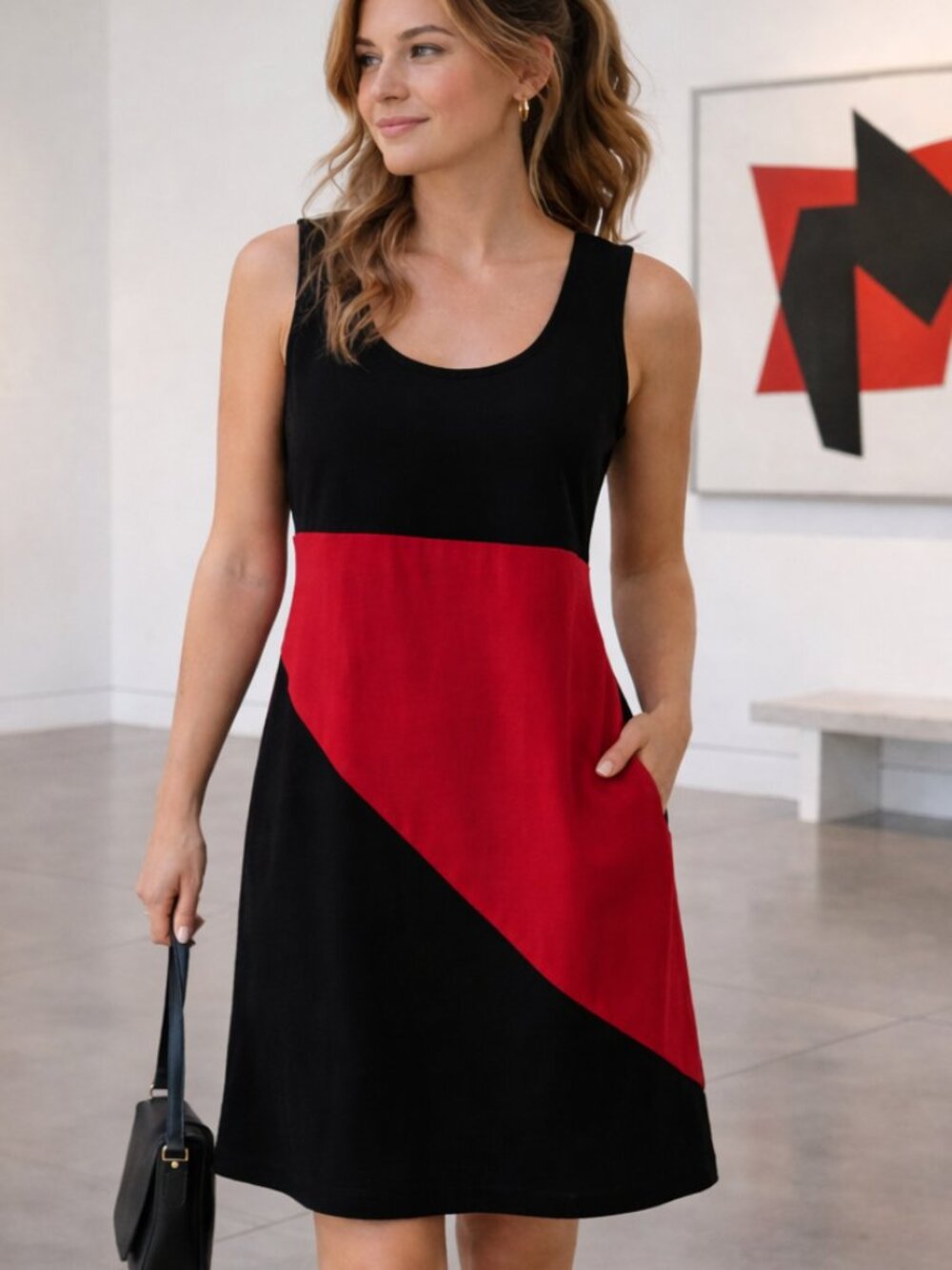 LOFT Black Red Colorblock Sleeveless Shift Dress - Size M